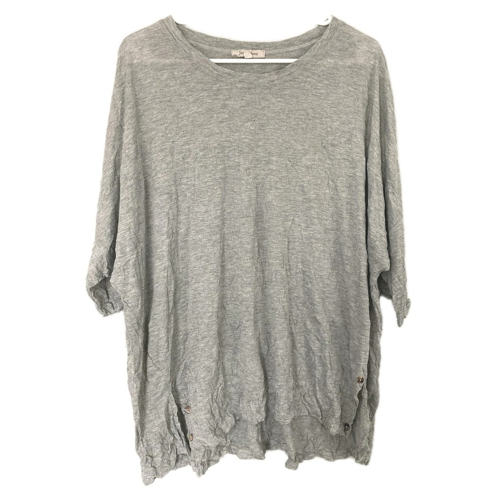 Jess & Jane Tunic Top Women 1X Gray Crushed Dolman 3/4 Sleeve Button Hem NWT